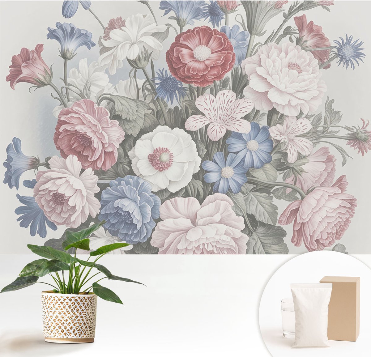 Wallfluent Fotobehang - Wit Vliesbehang - 152x104 cm - Kleurrijk Boeket Muurschildering - Gang behang Bloemen En Planten - Fotobehang Vlies - Slaapkamer behang