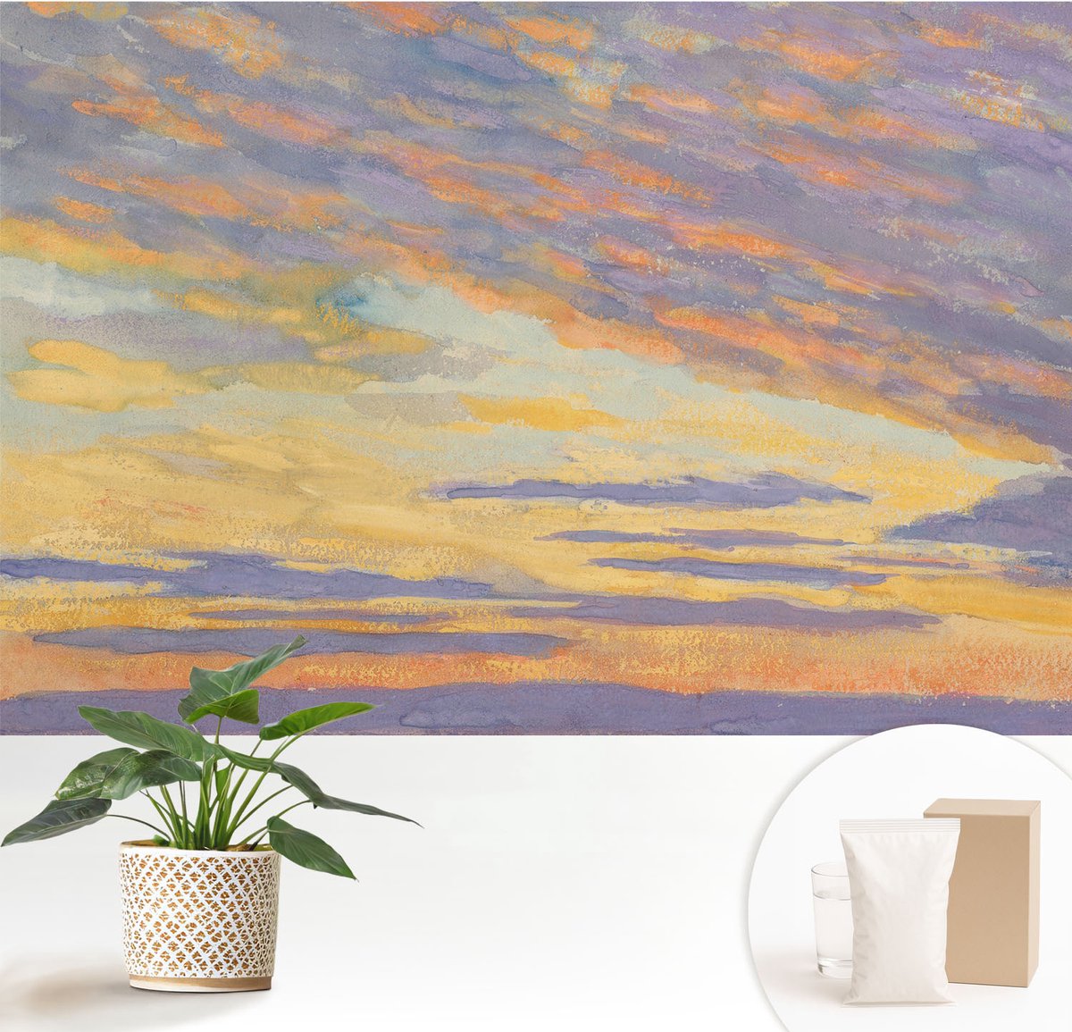 Wallfluent Fotobehang - Paars Vliesbehang - 152x104 cm - Pastelkleurige Hemel Fotobehang Vlies - Hal behang Landschappen - Muurschildering - Hal behang