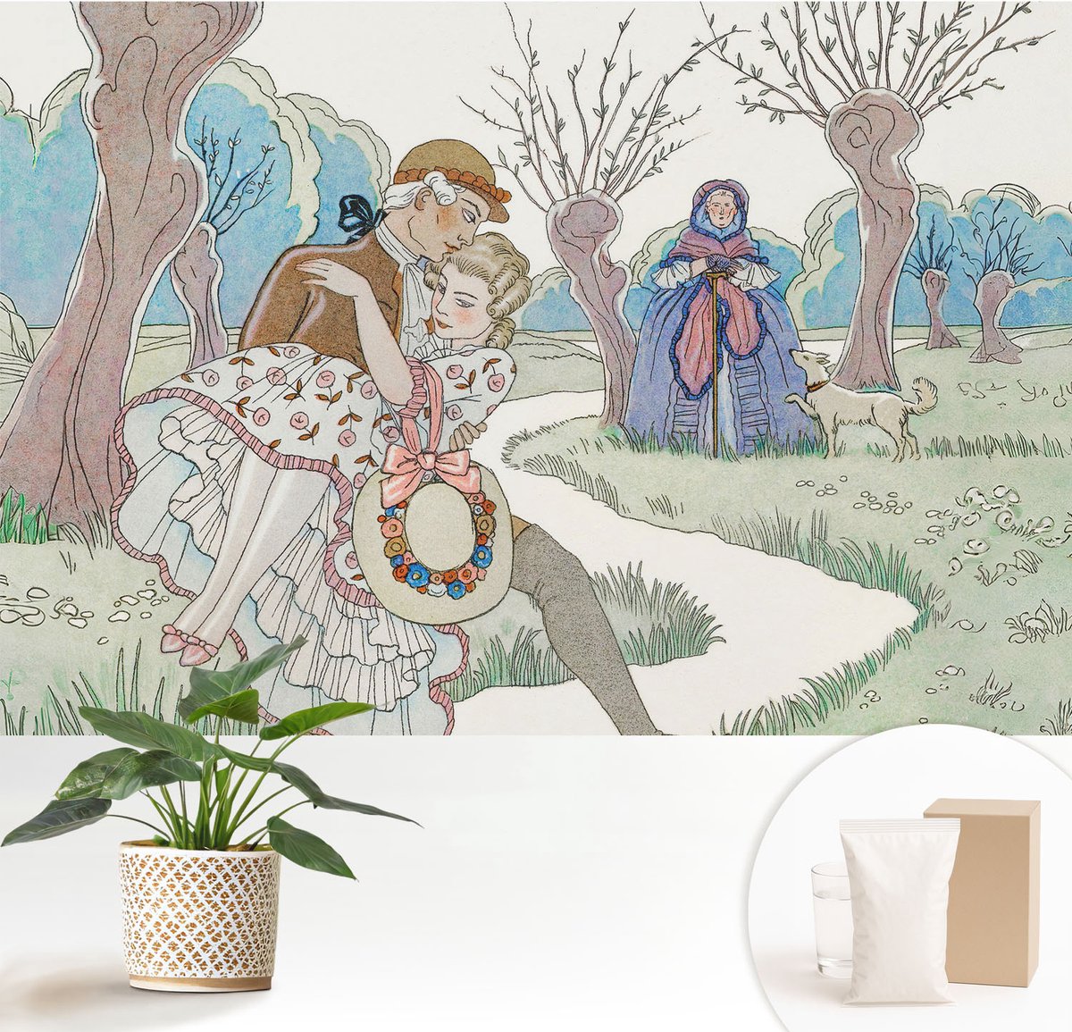 Wallfluent Fotobehang - Wit Vliesbehang - 152x104 cm - Romantische Scène Muurschildering - Gang behang Deel - Fotobehang Vlies - Slaapkamer behang