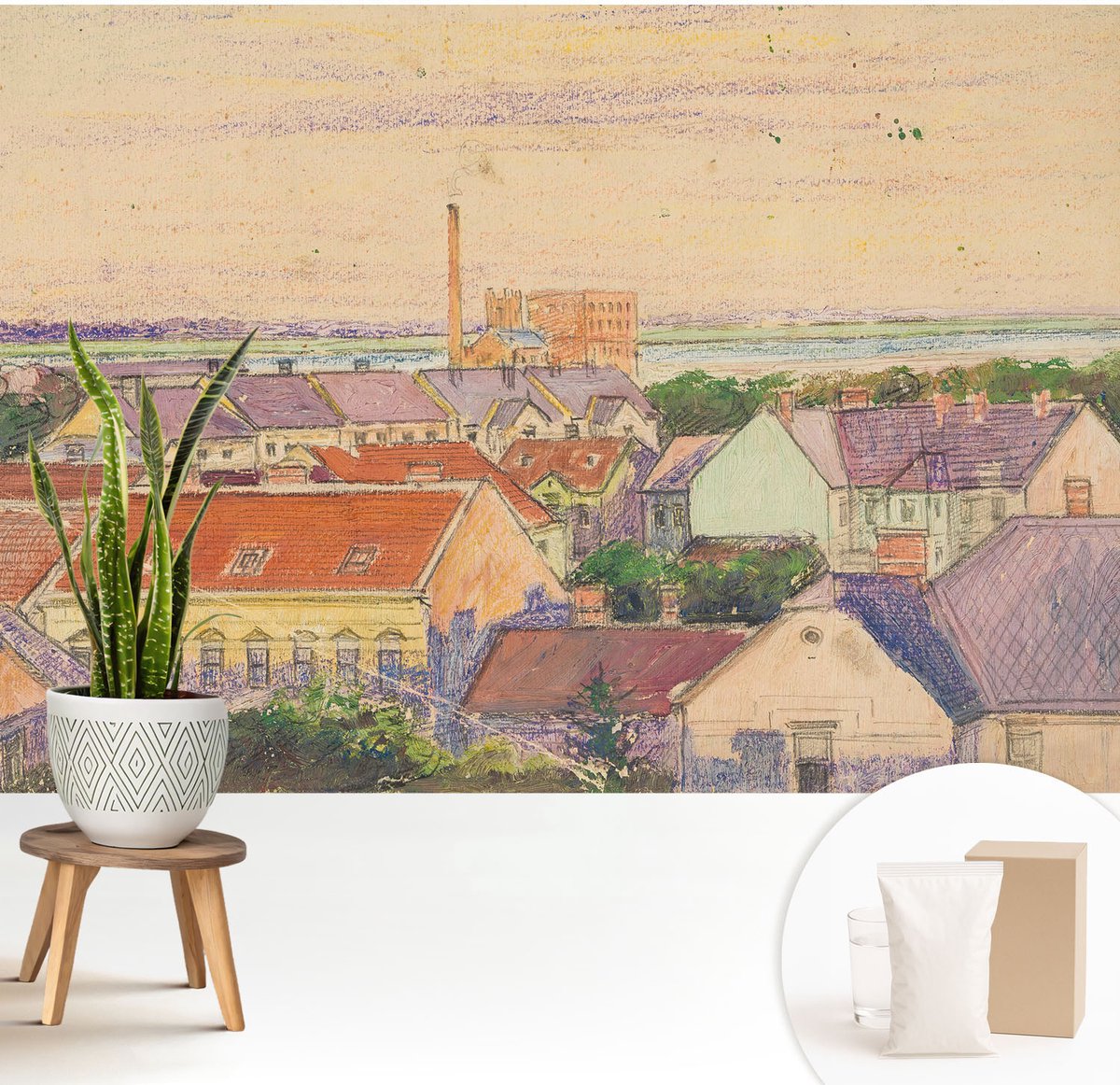 Wallfluent Fotobehang - Beige Vliesbehang - 208x146 cm - Stedelijke Daken Muurschildering - Slaapkamer behang Architectuur - Fotobehang Vlies - Slaapkamer behang