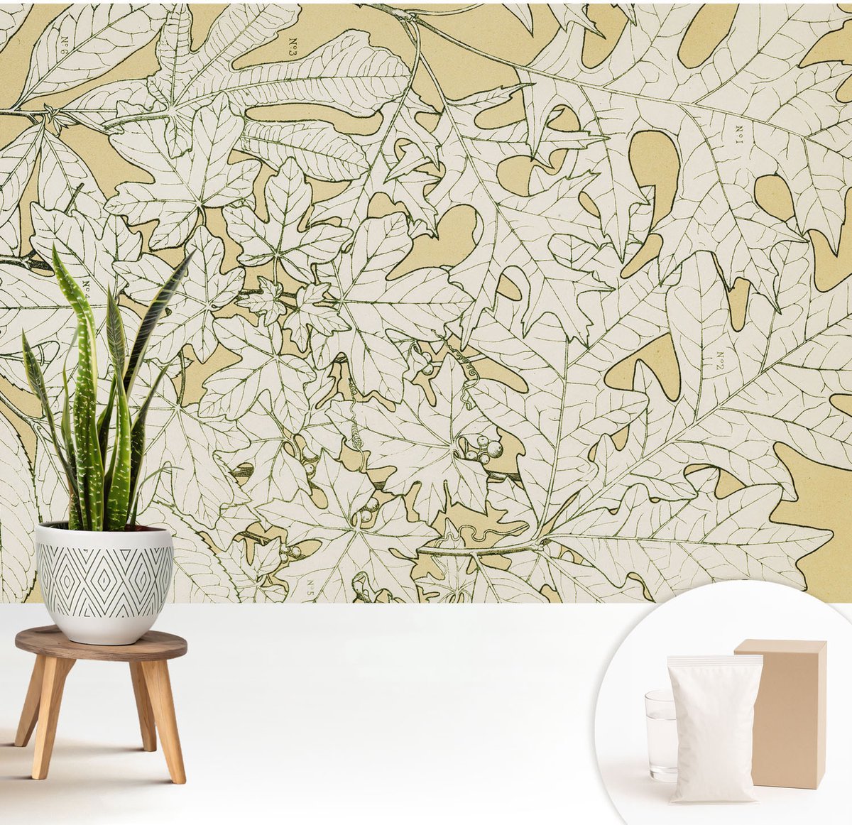 Wallfluent Fotobehang - Geel Vliesbehang - 208x146 cm - Boombladeren Fotobehang Vlies - Woonkamer behang Bloemen En Planten - Muurschildering - Woonkamer behang