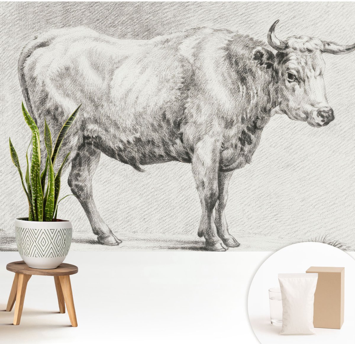 Wallfluent Fotobehang - Grijs Vliesbehang - 208x146 cm - Stierpotlood Fotobehang Vlies - Woonkamer behang Dieren - Muurschildering - Hal behang