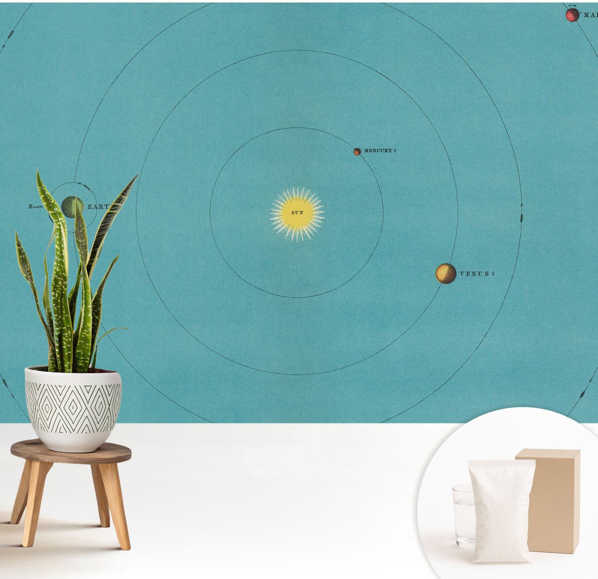 Wallfluent Fotobehang - Blauw Vliesbehang - 208x146 cm - Kosmisch Systeem Fotobehang Vlies - Woonkamer behang Kosmos - Muurschildering - Woonkamer behang
