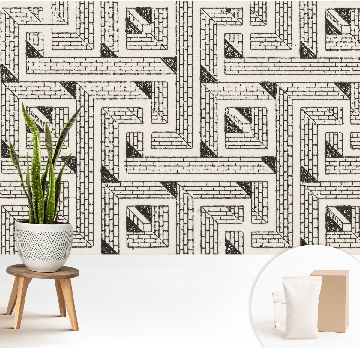 Wallfluent Fotobehang - Zwart-Wit Vliesbehang - 208x146 cm - Bakstenen Doolhof Muurschildering - Slaapkamer behang Geometrie - Fotobehang Vlies - Gang behang
