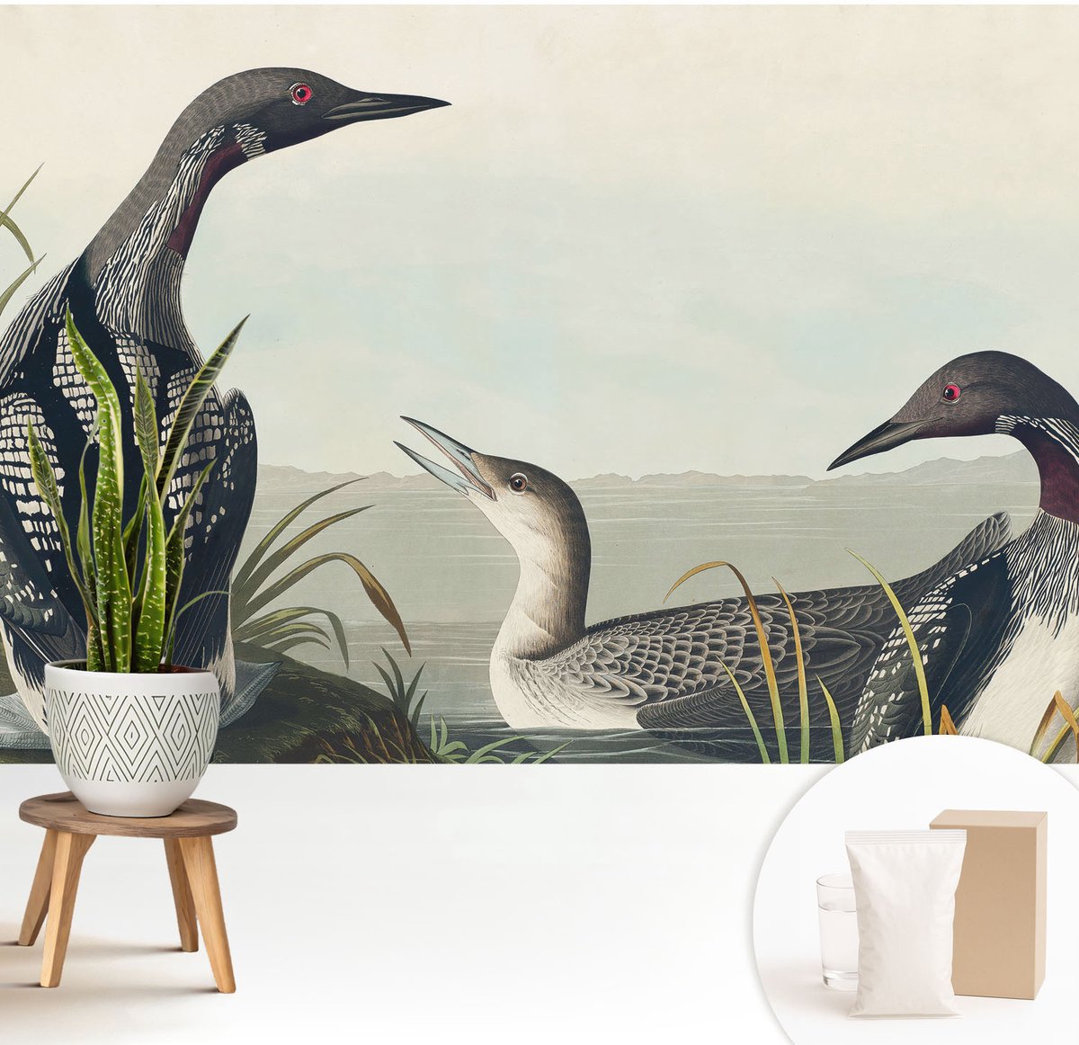 Wallfluent Fotobehang - Zwart Vliesbehang - 208x146 cm - Vogels Boven Het Water Fotobehang Vlies - Woonkamer behang Dieren - Muurschildering - Woonkamer behang