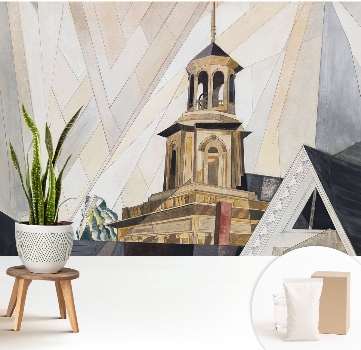 Wallfluent Fotobehang - Wit Vliesbehang - 208x146 cm - Architectonische Toren Fotobehang Vlies - Woonkamer behang Architectuur - Muurschildering - Hal behang