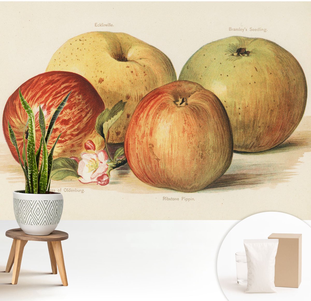 Wallfluent Fotobehang - Geel Vliesbehang - 208x146 cm - Appelbloesems Muurschildering - Slaapkamer behang Voedsel - Fotobehang Vlies - Slaapkamer behang