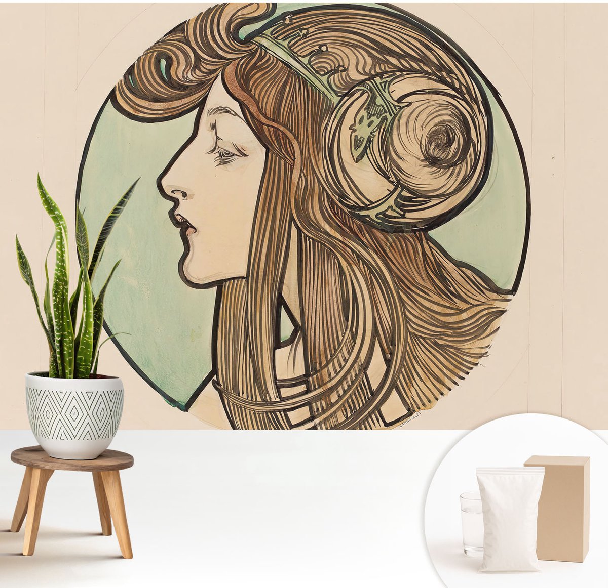 Wallfluent Fotobehang - Beige Vliesbehang - 208x146 cm - Art Nouveau-Portret Muurschildering - Slaapkamer behang Deel - Fotobehang Vlies - Slaapkamer behang