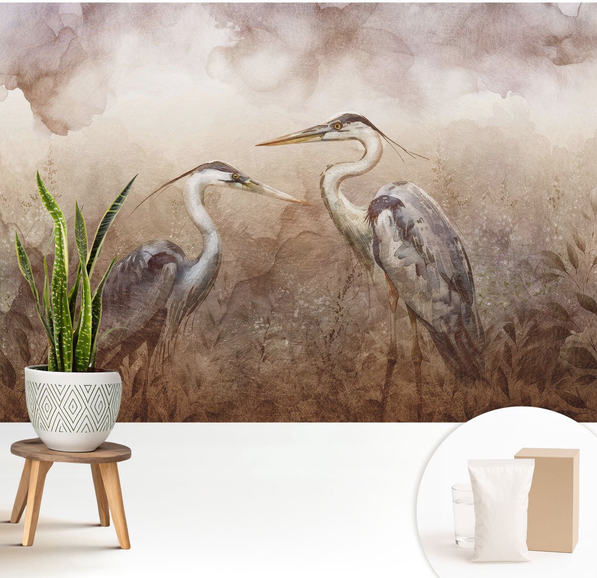 Wallfluent Fotobehang - Bruin Vliesbehang - 208x146 cm - Elegante Vogels Muurschildering - Slaapkamer behang Dieren - Fotobehang Vlies - Gang behang