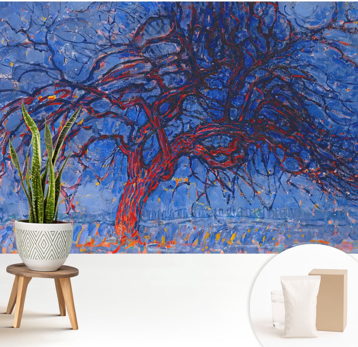 Wallfluent Fotobehang - Blauw Vliesbehang - 208x146 cm - Vlammenboom Muurschildering - Slaapkamer behang Deel - Fotobehang Vlies - Slaapkamer behang
