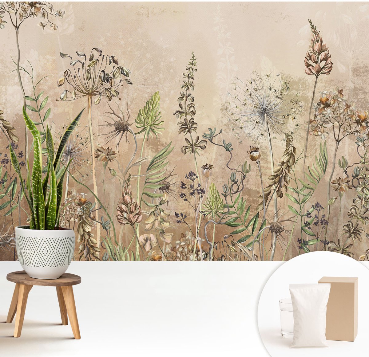 Wallfluent Fotobehang - Beige Vliesbehang - 208x146 cm - Rustieke Bloemen Fotobehang Vlies - Hal behang Bloemen En Planten - Muurschildering - Woonkamer behang