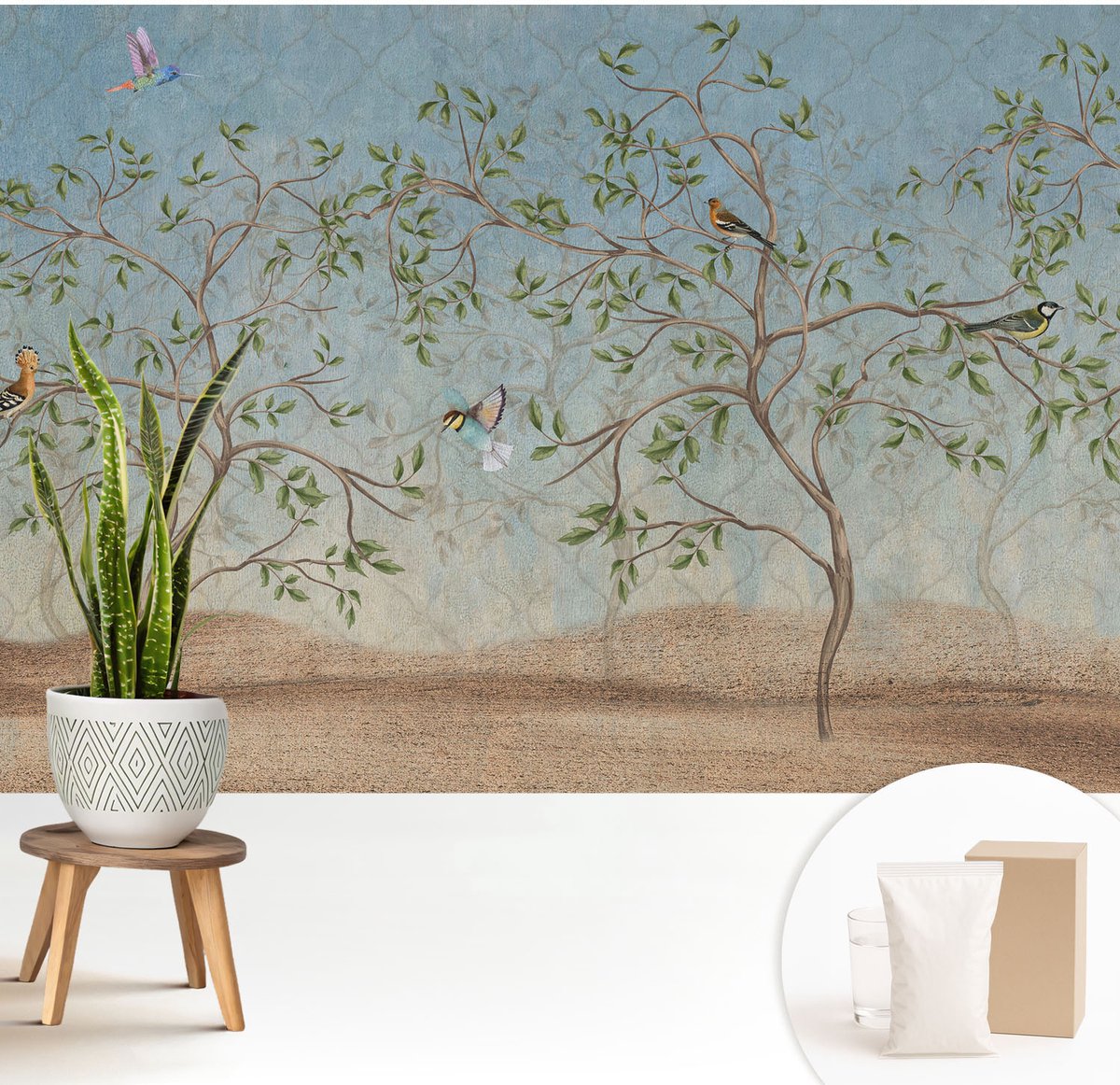 Wallfluent Fotobehang - Grijs Vliesbehang - 208x146 cm - Vogels In De Bomen Fotobehang Vlies - Woonkamer behang Bloemen En Planten - Muurschildering - Woonkamer behang
