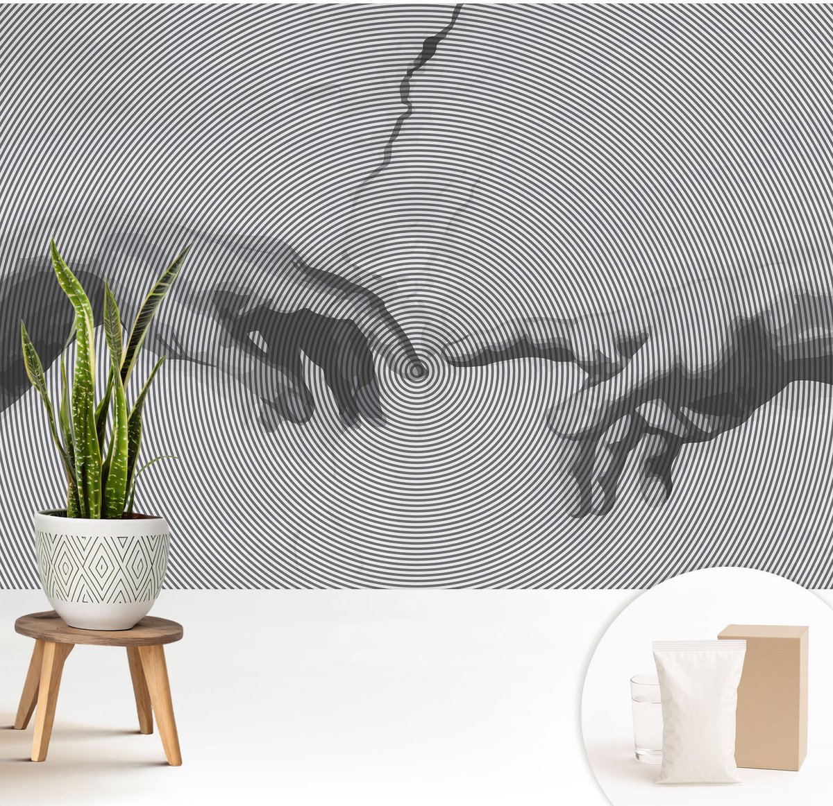 Wallfluent Fotobehang - Zwart-Wit Vliesbehang - 208x146 cm - Hypnotische Handen Fotobehang Vlies - Woonkamer behang Deel - Muurschildering - Hal behang
