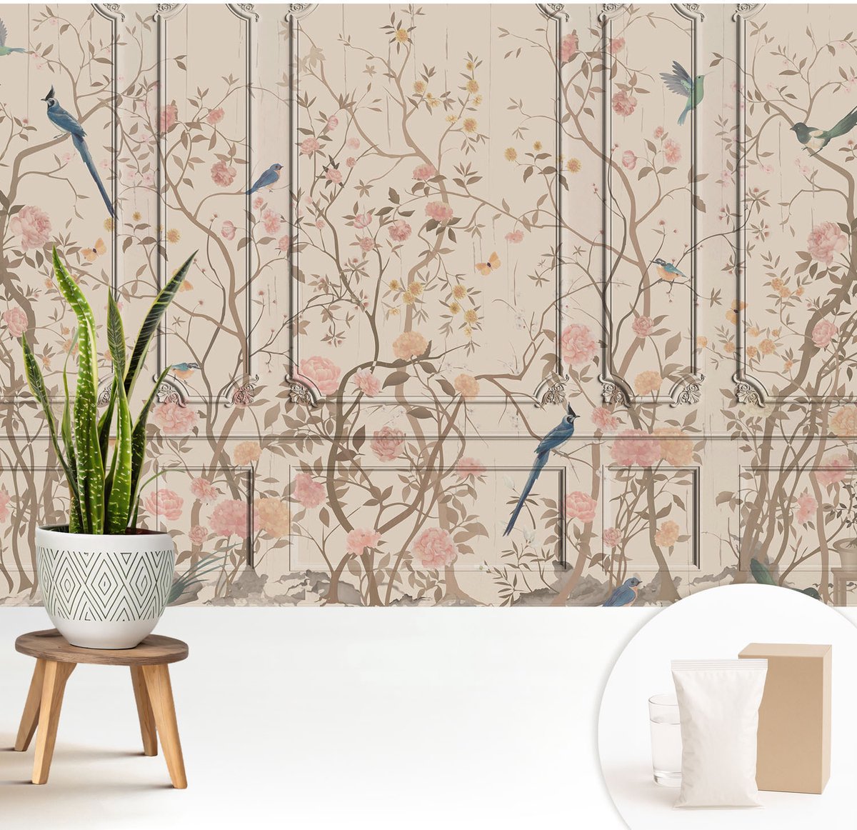 Wallfluent Fotobehang - Wit Vliesbehang - 208x146 cm - Vogels En Bloemen Fotobehang Vlies - Hal behang Bloemen En Planten - Muurschildering - Woonkamer behang