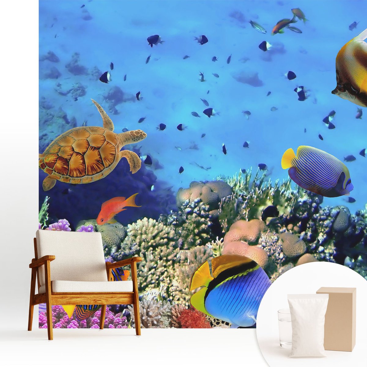 Wallfluent Fotobehang - Blauw Vliesbehang - 250x250 cm - Koraalrif Muurschildering - Gang behang Dieren - Fotobehang Vlies - Slaapkamer behang