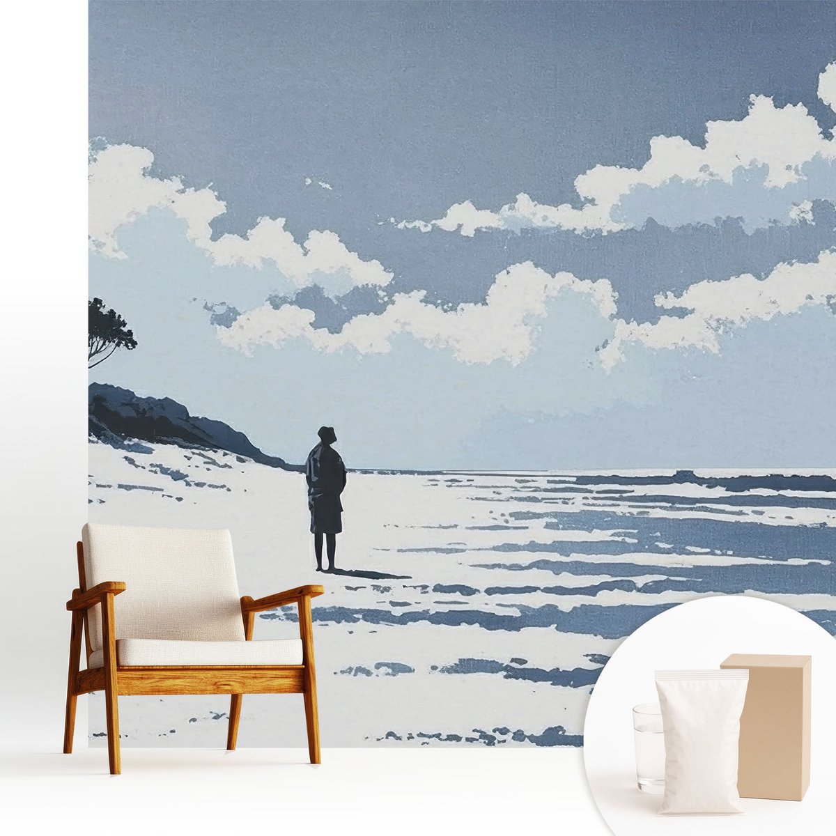 Wallfluent Fotobehang - Blauw Vliesbehang - 250x250 cm - Stilte Op Het Strand Fotobehang Vlies - Hal behang Landschappen - Muurschildering - Woonkamer behang