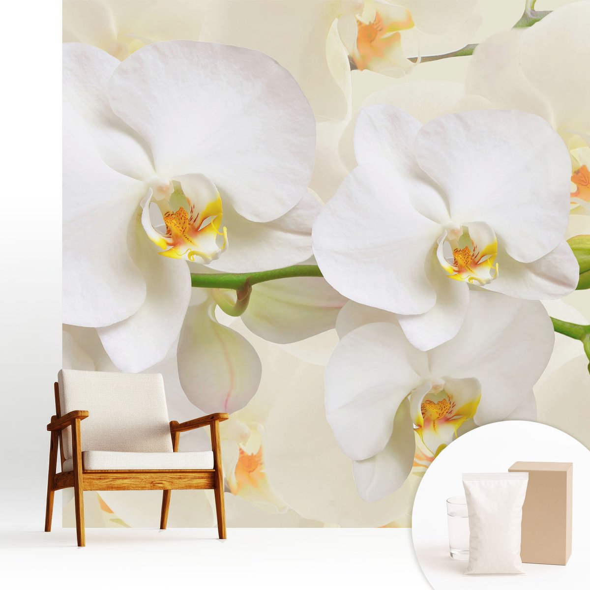 Wallfluent Fotobehang - Wit Vliesbehang - 250x250 cm - Bloemenpracht Fotobehang Vlies - Woonkamer behang Bloemen En Planten - Muurschildering - Woonkamer behang