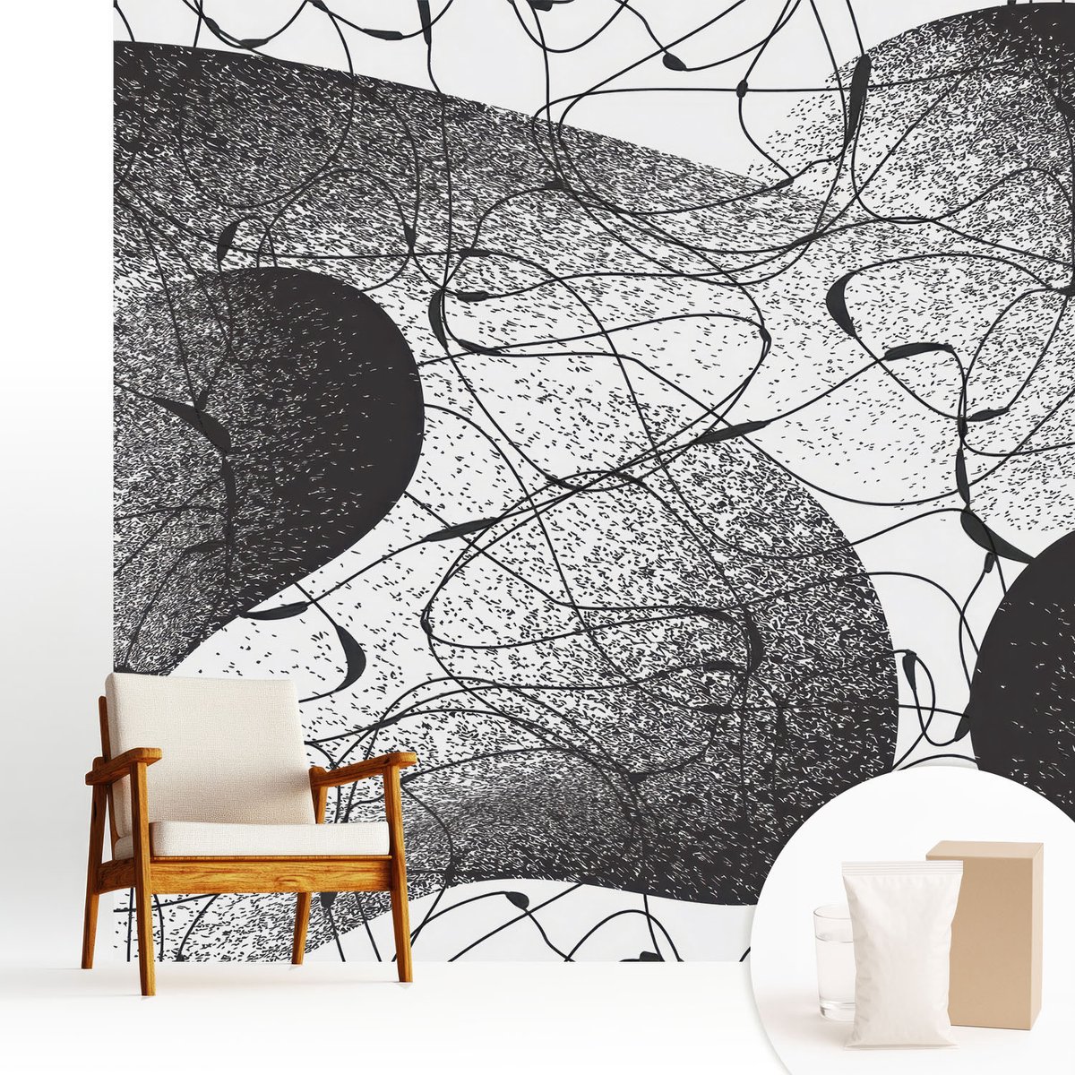 Wallfluent Fotobehang - Zwart Vliesbehang - 250x250 cm - Abstract Patroon Muurschildering - Slaapkamer behang Abstractie - Fotobehang Vlies - Slaapkamer behang