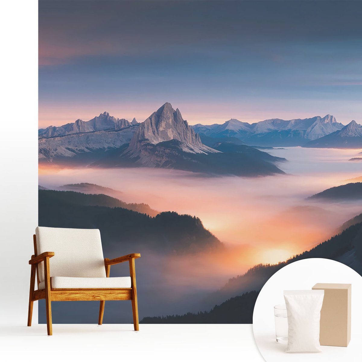 Wallfluent Fotobehang - Blauw Vliesbehang - 250x250 cm - De Opkomende Zon Muurschildering - Slaapkamer behang Landschappen - Fotobehang Vlies - Gang behang