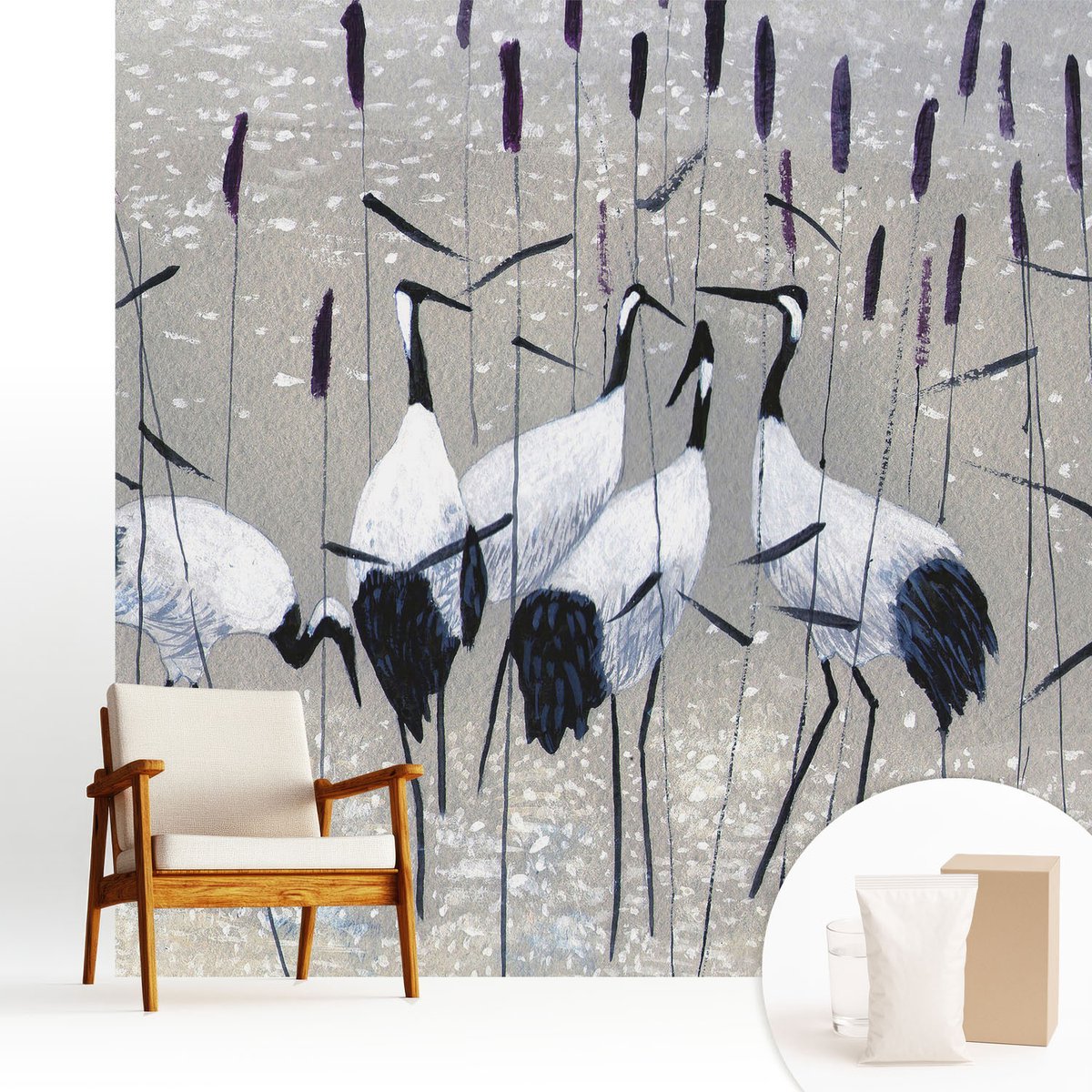 Wallfluent Fotobehang - Grijs Vliesbehang - 250x250 cm - Harmonieuze Kraanvogels Muurschildering - Slaapkamer behang Dieren - Fotobehang Vlies - Slaapkamer behang