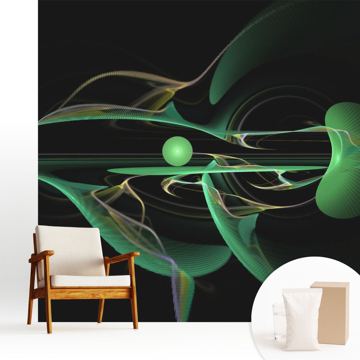 Wallfluent Fotobehang - Zwart Vliesbehang - 250x250 cm - Groene Golven Muurschildering - Slaapkamer behang Abstractie - Fotobehang Vlies - Slaapkamer behang