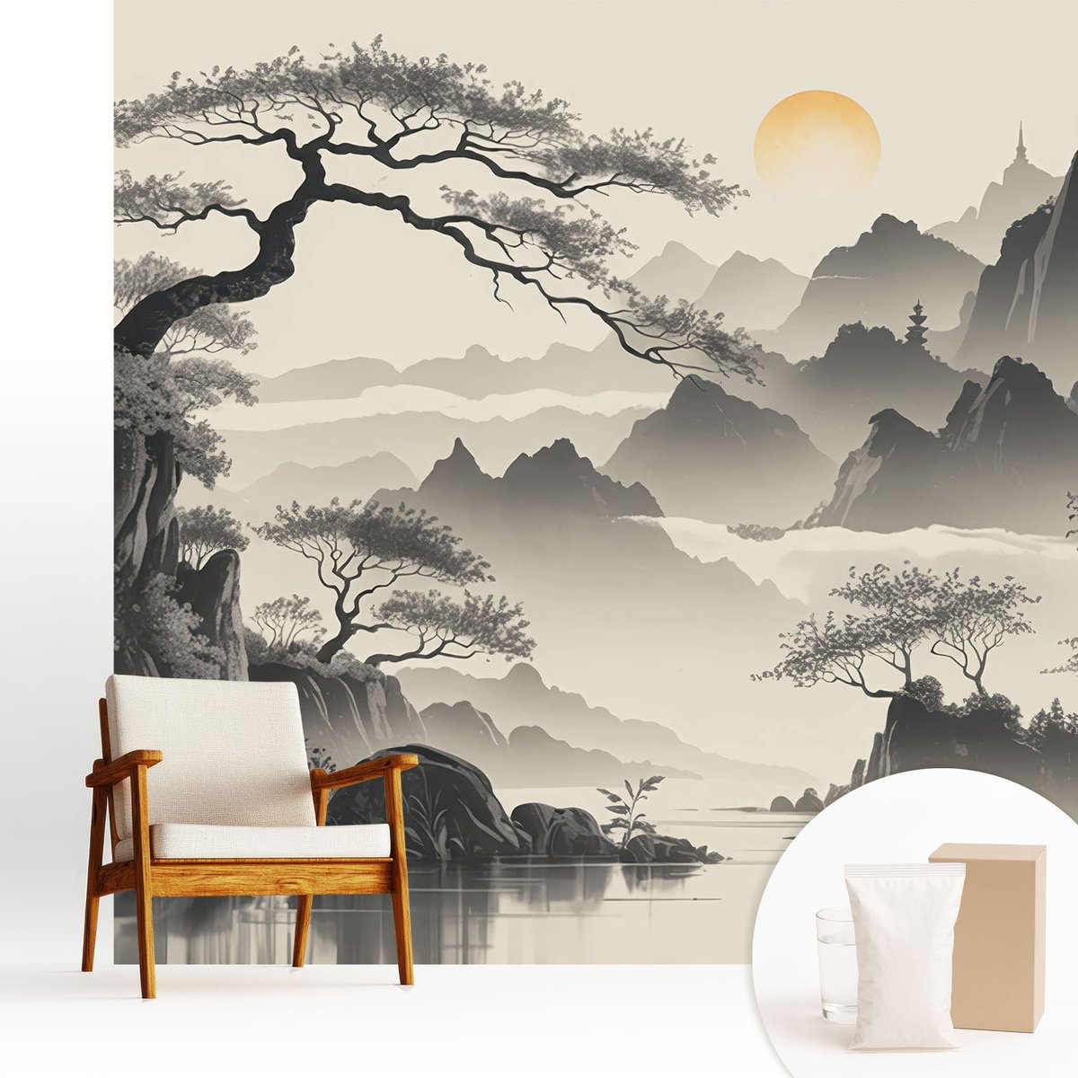 Wallfluent Fotobehang - Zwart-Wit Vliesbehang - 250x250 cm - Oostelijk Landschap Muurschildering - Slaapkamer behang Landschappen - Fotobehang Vlies - Gang behang