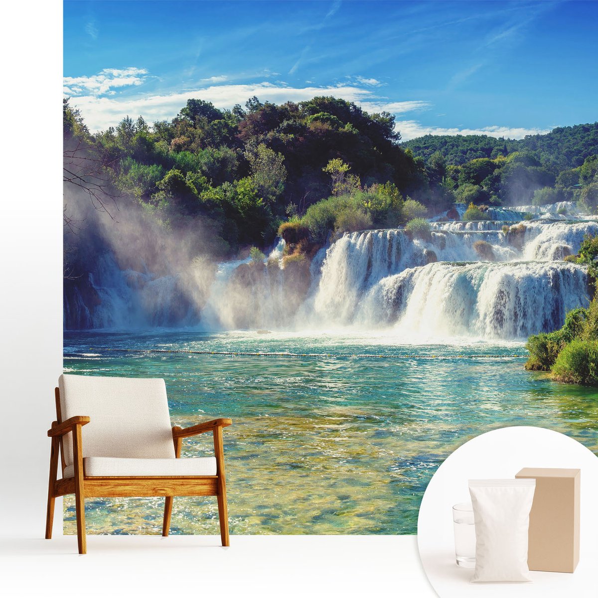 Wallfluent Fotobehang - Blauw Vliesbehang - 250x250 cm - Watervallandschap Muurschildering - Slaapkamer behang Landschappen - Fotobehang Vlies - Gang behang