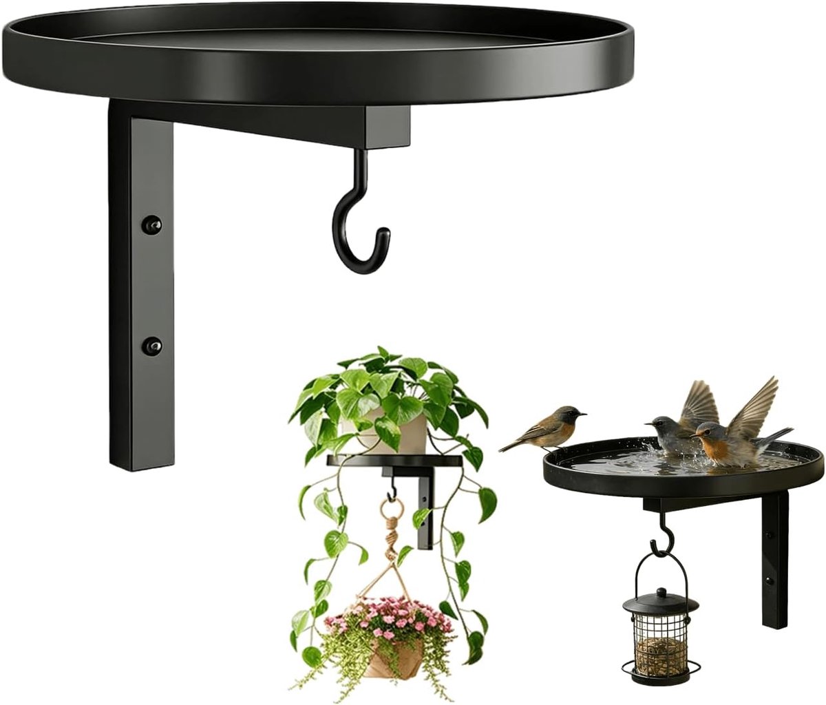 Vogelbad - Wandmontage met haken - Vogeldrinkschaal voor Tuinvogels - Vogelvoederhuisje - Vogel drinkbak - Voederbak voor in de tuin - Vogelvoerhouder - Tuindecoratie - Voor vogel drinken en plantenstandaard in de tuin - 21.8×20×17cm