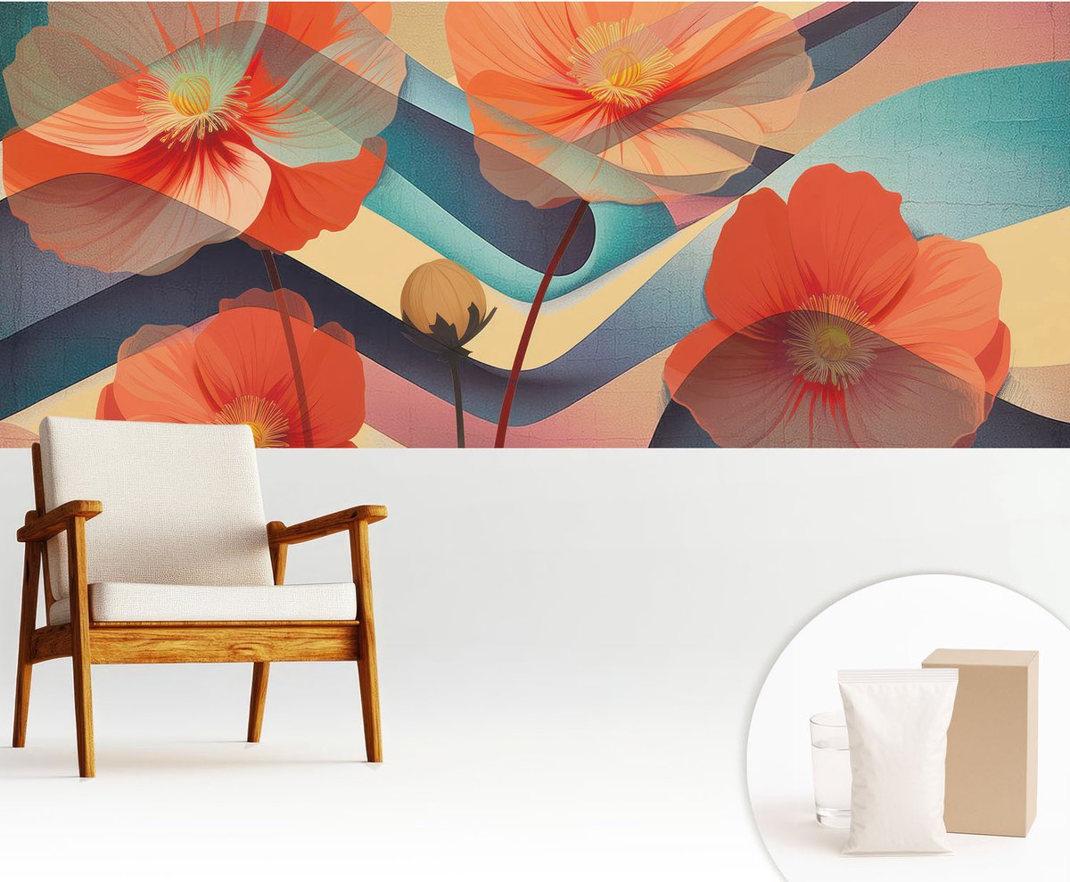 Wallfluent Fotobehang - Oranje Vliesbehang - 250x104 cm - Bloemen Van De Zintuigen Muurschildering - Gang behang Bloemen En Planten - Fotobehang Vlies - Slaapkamer behang