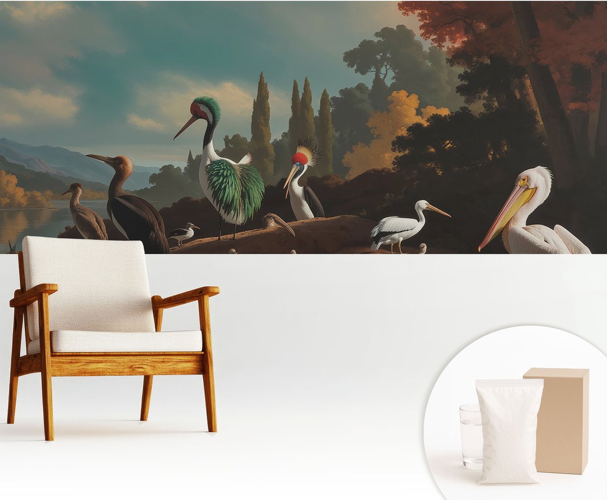 Wallfluent Fotobehang - Blauw Vliesbehang - 250x104 cm - Schilderachtige Vogels Muurschildering - Gang behang Landschappen - Fotobehang Vlies - Gang behang