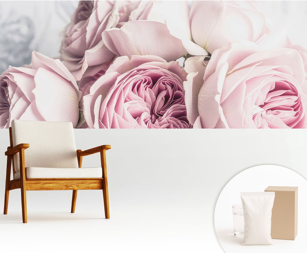 Wallfluent Fotobehang - Roze Vliesbehang - 250x104 cm - Roze Rozen Muurschildering - Gang behang Bloemen En Planten - Fotobehang Vlies - Gang behang