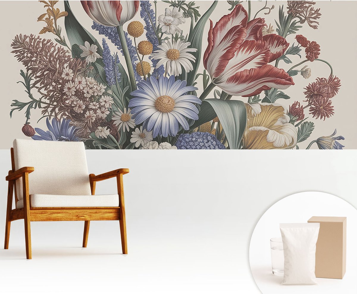 Wallfluent Fotobehang - Beige Vliesbehang - 250x104 cm - Bloemenboeket Muurschildering - Slaapkamer behang Bloemen En Planten - Fotobehang Vlies - Gang behang