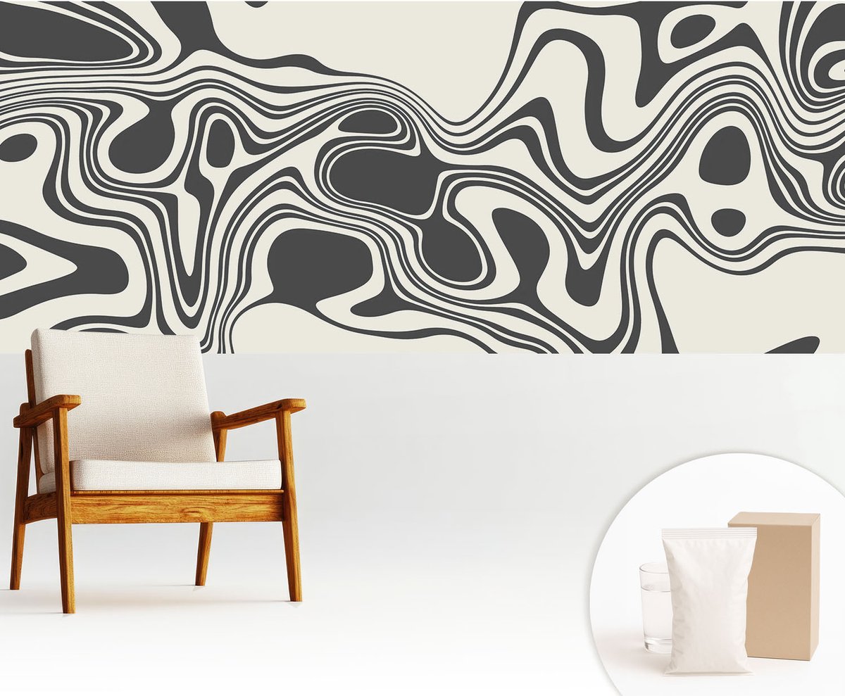 Wallfluent Fotobehang - Zwart-Wit Vliesbehang - 250x104 cm - Dynamische Lijnen Fotobehang Vlies - Woonkamer behang Abstractie - Muurschildering - Hal behang