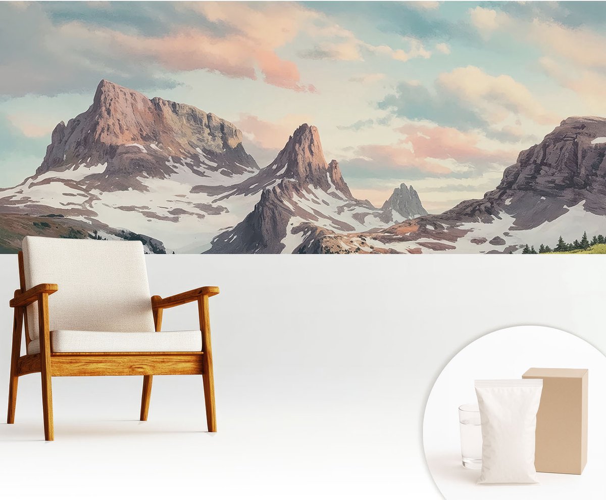Wallfluent Fotobehang - Blauw Vliesbehang - 250x104 cm - Bergpanorama Fotobehang Vlies - Woonkamer behang Landschappen - Muurschildering - Hal behang