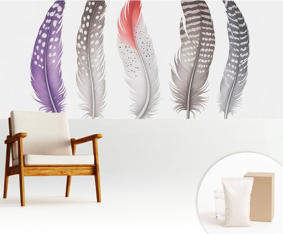 Wallfluent Fotobehang - Paars Vliesbehang - 250x104 cm - Gedessineerde Veren Muurschildering - Slaapkamer behang Deel - Fotobehang Vlies - Slaapkamer behang