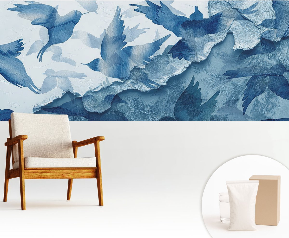Wallfluent Fotobehang - Blauw Vliesbehang - 250x104 cm - Dynamische Vogels Muurschildering - Slaapkamer behang Dieren - Fotobehang Vlies - Gang behang