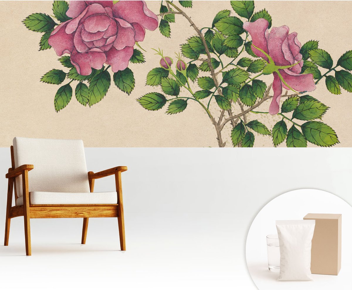 Wallfluent Fotobehang - Beige Vliesbehang - 250x104 cm - Romantische Rozen Fotobehang Vlies - Woonkamer behang Bloemen En Planten - Muurschildering - Woonkamer behang