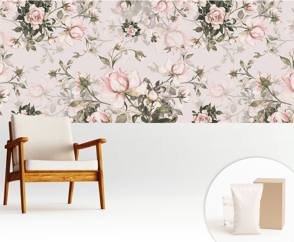 Wallfluent Fotobehang - Roze Vliesbehang - 250x104 cm - Bloemenpatroon Muurschildering - Gang behang Bloemen En Planten - Fotobehang Vlies - Slaapkamer behang