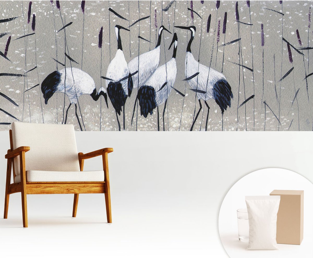 Wallfluent Fotobehang - Grijs Vliesbehang - 250x104 cm - Harmonieuze Kraanvogels Muurschildering - Slaapkamer behang Dieren - Fotobehang Vlies - Slaapkamer behang