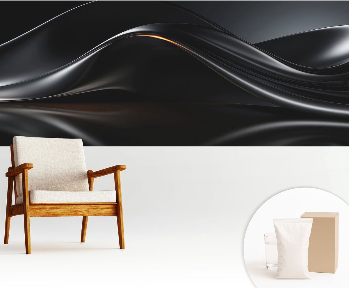Wallfluent Fotobehang - Zwart Vliesbehang - 250x104 cm - Metaalachtige Golven Muurschildering - Slaapkamer behang Abstractie - Fotobehang Vlies - Slaapkamer behang
