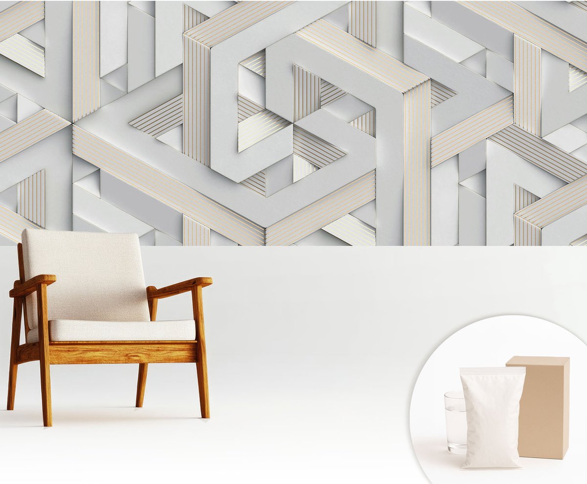 Wallfluent Fotobehang - Wit Vliesbehang - 250x104 cm - Illusoire Vormen Fotobehang Vlies - Hal behang Geometrie - Muurschildering - Woonkamer behang