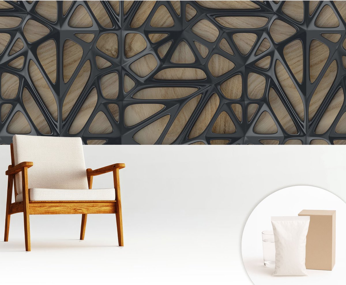 Wallfluent Fotobehang - Beige Vliesbehang - 250x104 cm - Houten Net Fotobehang Vlies - Hal behang Abstractie - Muurschildering - Woonkamer behang