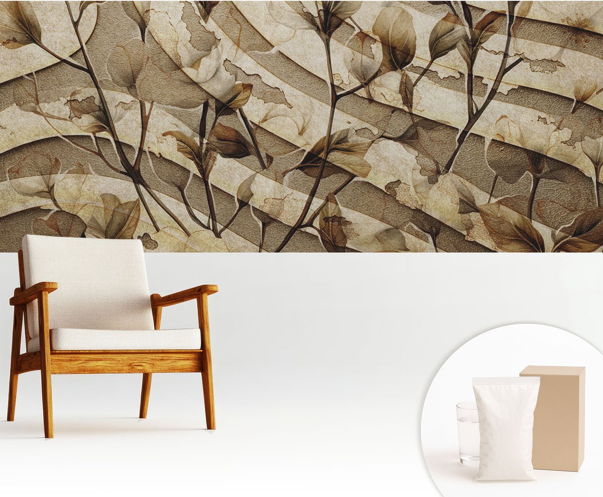 Wallfluent Fotobehang - Beige Vliesbehang - 250x104 cm - Klassieke Flora Fotobehang Vlies - Woonkamer behang Bloemen En Planten - Muurschildering - Woonkamer behang