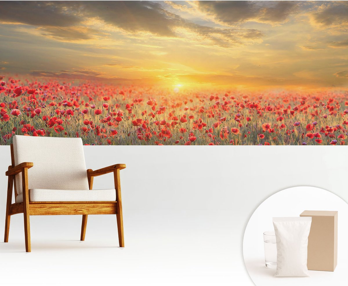 Wallfluent Fotobehang - Rood Vliesbehang - 250x104 cm - Papaverveld Muurschildering - Slaapkamer behang Bloemen En Planten - Fotobehang Vlies - Slaapkamer behang