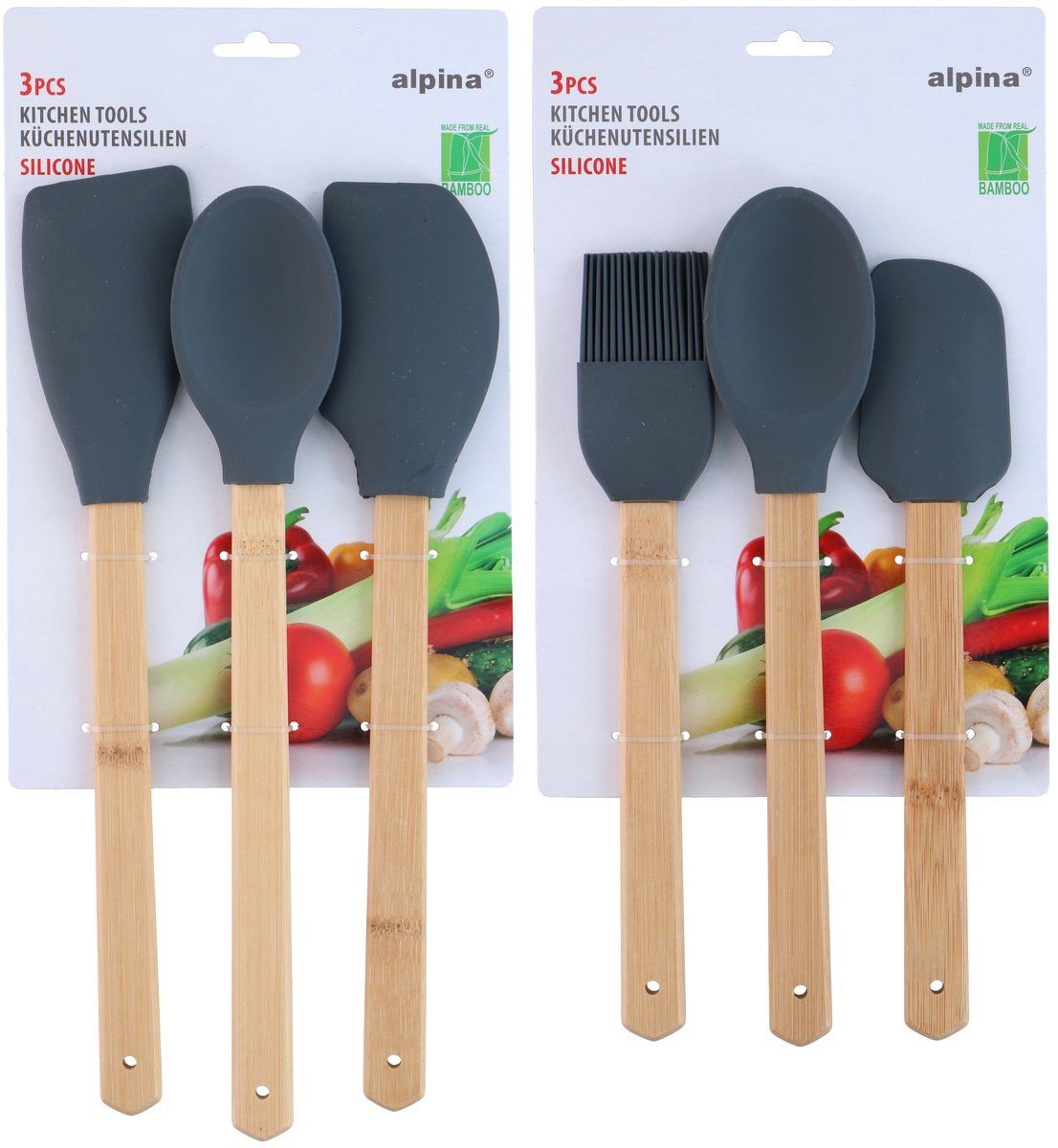 Alpina kitchen tools 2as 3pc silicone - keukengerei set van bamboe en kunststof - ophangbaar - siliconen kookgerei set - geschikt voor dagelijks keukengebruik - lichtbruin en donker grijs - 3-delig