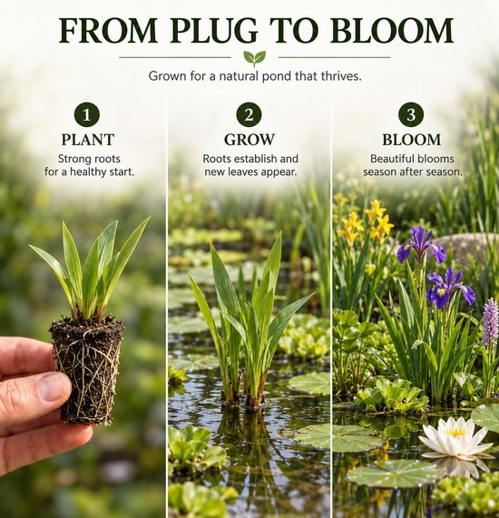 Drie stappen van een vijverplant: planten, groeien en bloeien met waterlelies en irissen.