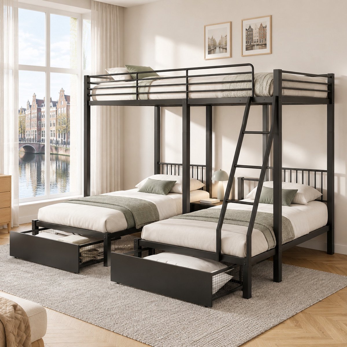 WUVRIE Stapelbed voor 3 personen met 2 lades, 140x200 en 2x 90x200 cm, metaal, zwart