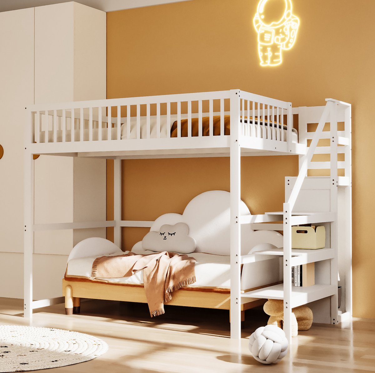WUVRIE Hoogslaper 140x200 cm met trap, kledingkast en opbergruimte, wit kinderbed