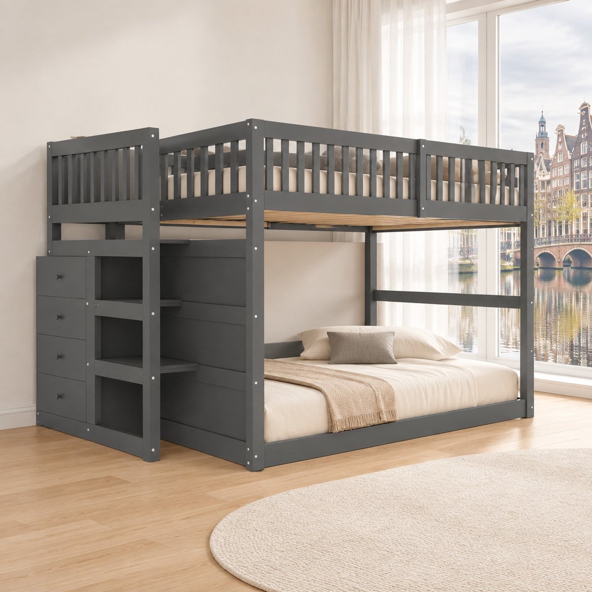 WUVRIE Stapelbed 140x200 cm met trap, 4 lades en hoge uitvalbeveiliging, grijs kinderbed