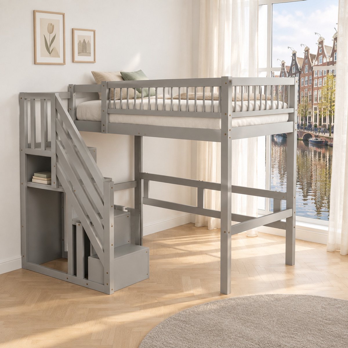 WUVRIE Hoogslaper 90x200 cm met opbergtrap en hoge bedomranding, eenpersoons kinderbed in grijs